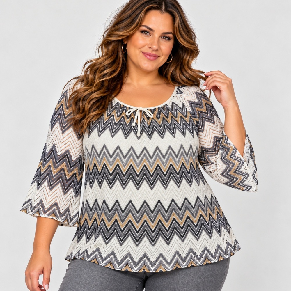 Roz & Ali Women 3X Chevron Crochet Top 3/4 Flare Sleeve Boho Festival Retro Plus